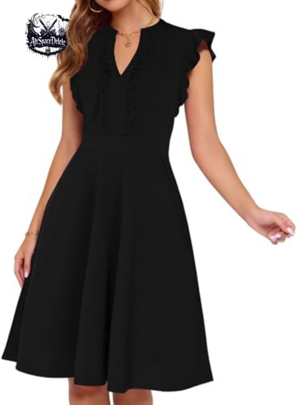 Womens V Neck Ruffle Sleeve Fit and Flare Knee Length Work Dress with Pockets